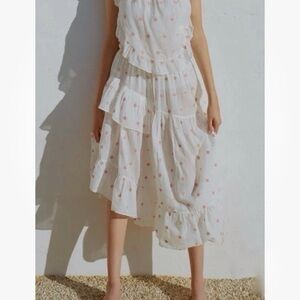 Anaak Delá Embroidered Asymmetrical Ruffle Midi Skirt Rouge Blanc Jamdani 0 XS